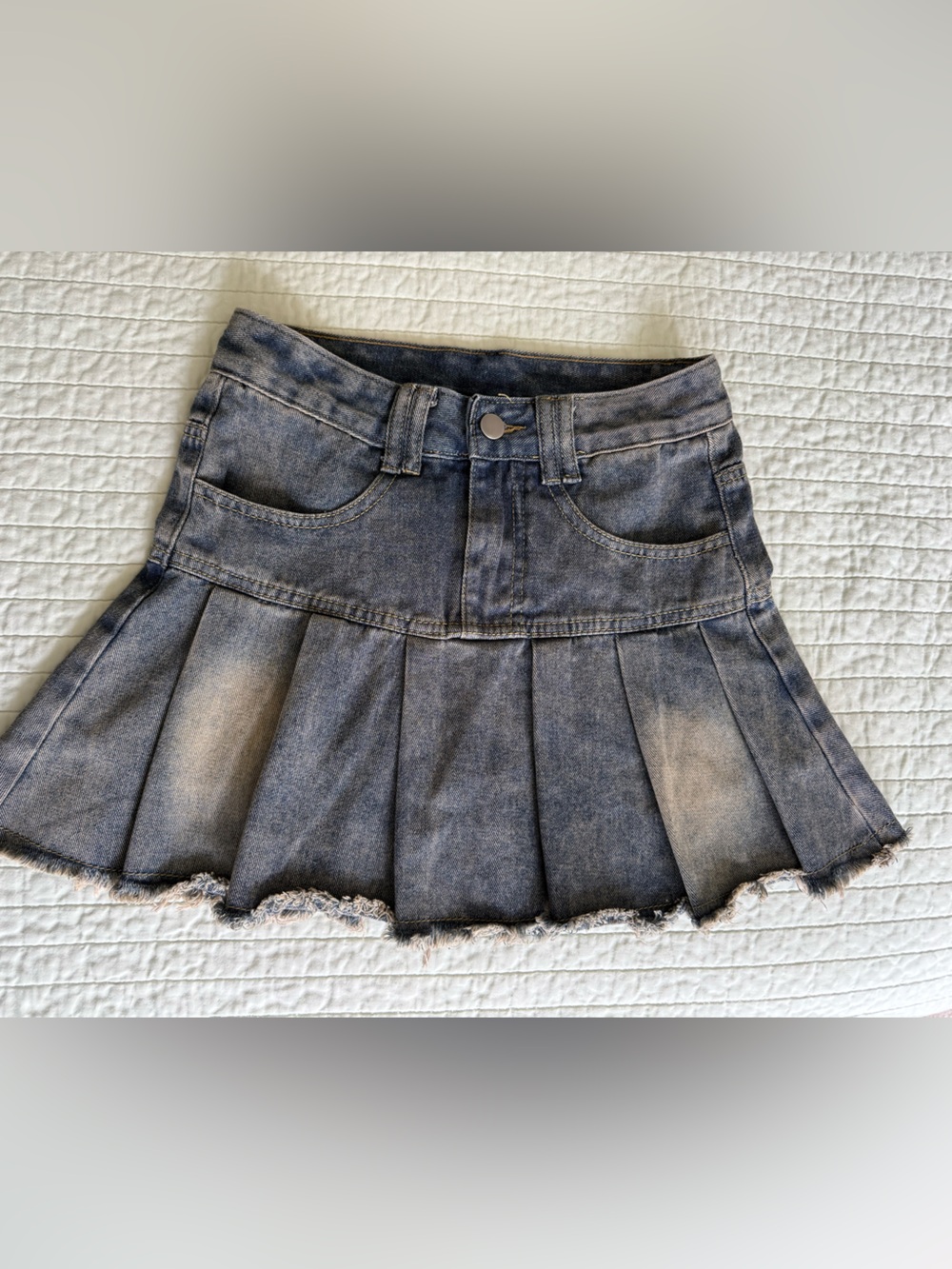 Washed Gray Pleated Denim Mini Skirt